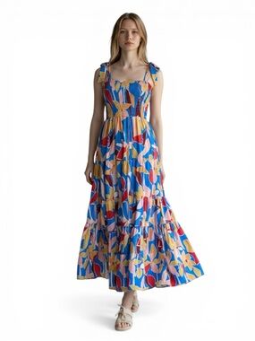Boho Smocked Floral Maxi Dress Tie Straps Tiered Blue Multicolor XS/S